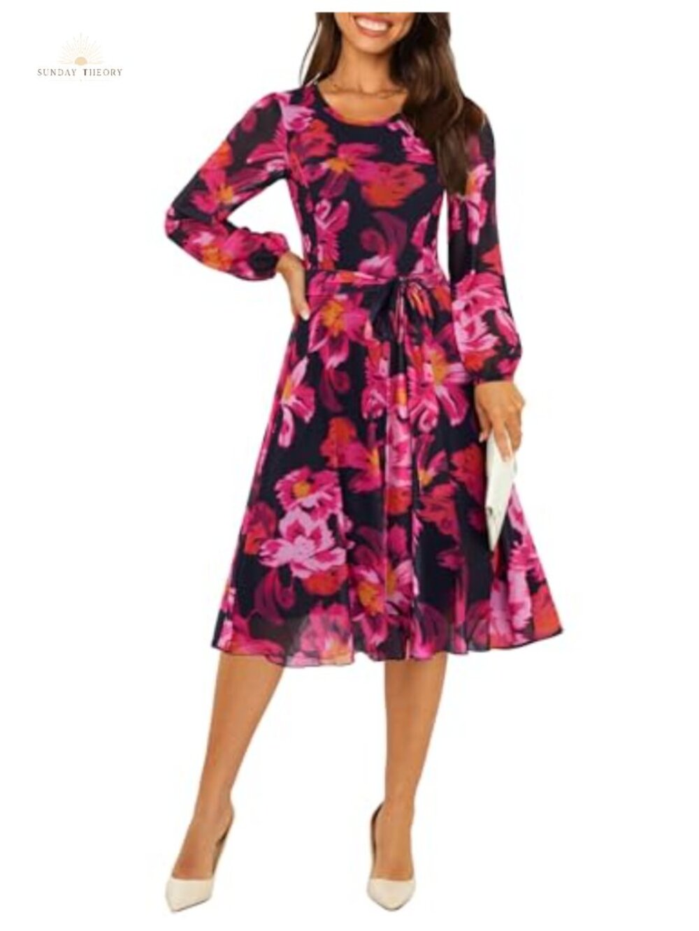 Women's Mesh Long Sleeve Floral Midi Dress Semi Formal Cocktail